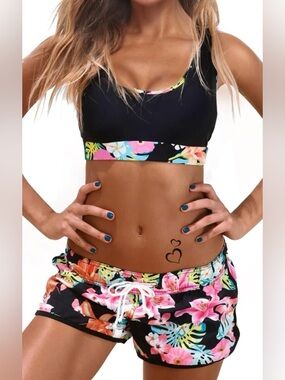Wendy Zeng Sport 2Pc Floral Racerback Crop Top Boyshort Bottom Swimsuit Womens M